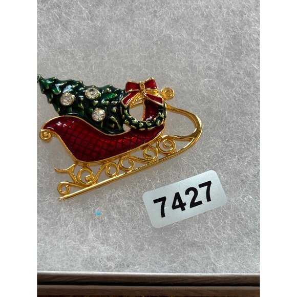 Vintage Eisenberg Ice Christmas Sleigh Brooch Red Green Enamel Rhinestones Gold- - Picture 4 of 7